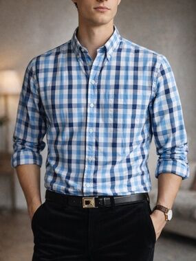 Classic Preppy Blue Plaid Button‎ Down Shirt Cotton XL